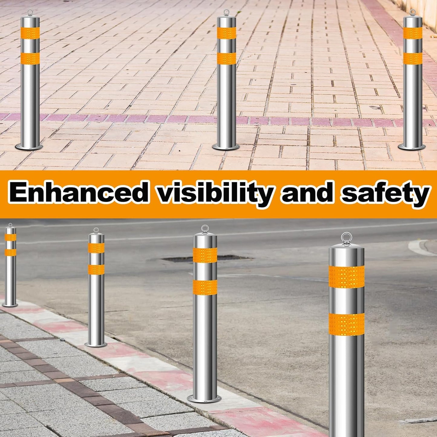 31.5 Inch Stainless Steel Bollard Post with Anchor Bolts Parking Barrier Block Safety Bollard Covers with Reflective Strips and Hanging Ring for Parking Lots Driveways Garage Pathways(2 Pcs)