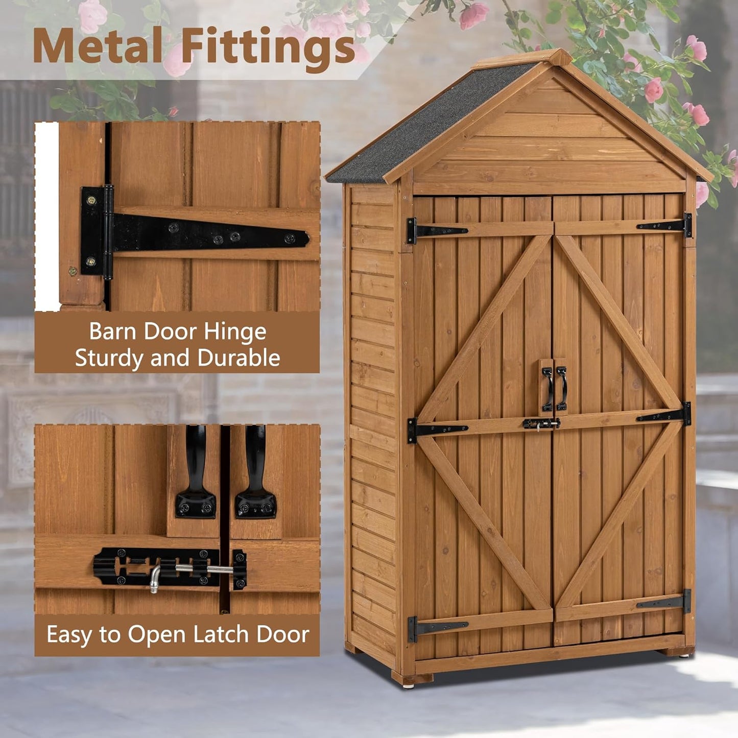 39.56"x 22.04"x 68.89" Outdoor Storage Cabinet with Removable Shelves, Waterproof Roof, and Adjustable Feet - Fir Wood Garden Tool Shed for Yard, Patio, Deck, and Garage,Yellow Brown