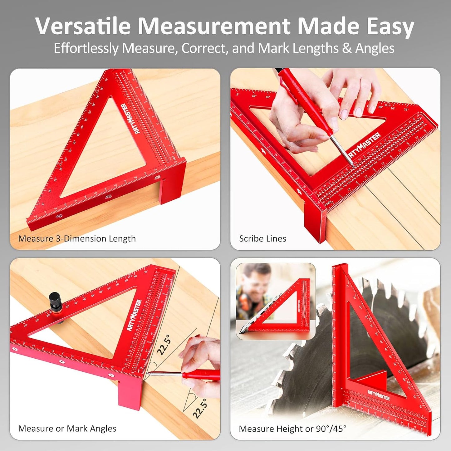 8 inch 3D Multi-Angle Measuring Square Ruler, WT103C High Precision Hole Scribing Woodworking Tools, 0-90° Aluminum Alloy Carpenter Square with Stair Gauges, Carpenter Pencils 6 Refills.