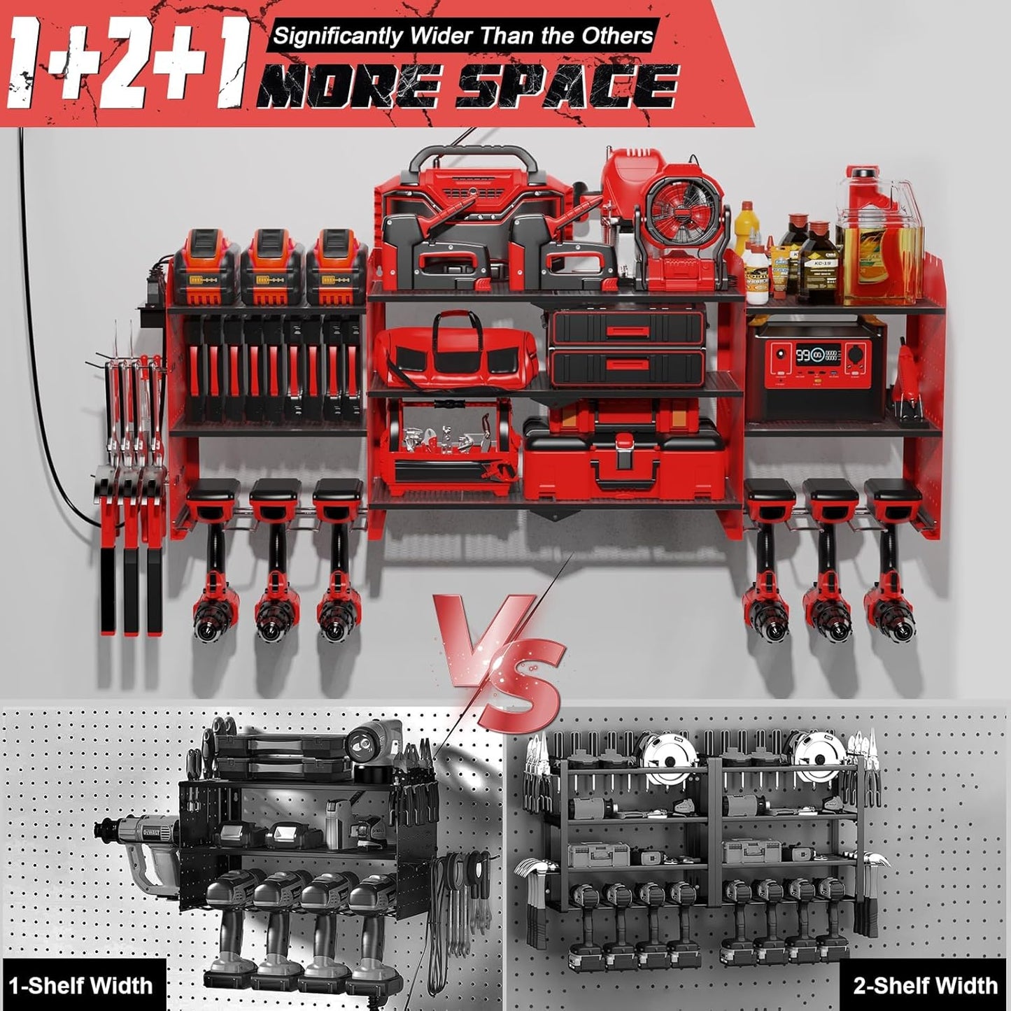 Power Tool Organizer Wall Mount with Charging Station, 45.5" Expanded Garage Wall Tool Organizer with 4 Pegboard Hooks, 6.5FT Outlet Power Strip, Large Garage Storage Rack for Impact Wrenches