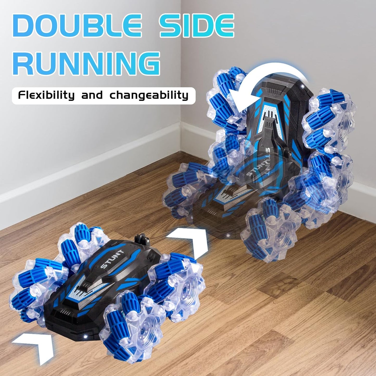 Remote Control Car, 2.4 Ghz 4WD Gesture Sensing RC Stunt Car, Double Sided 360° flip, with Cool Lights and Music, Birthday Present Toys Car for Boys SND Girls Aged 5-12 (Blue)