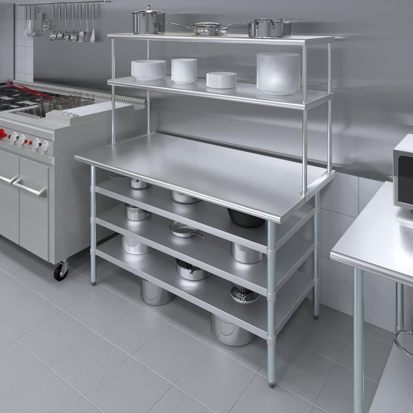 Amgood 30" x 60" Stainless Steel Work Table with 3 Shelves and 18" Wide Double Tier Overshelf | Metal Kitchen Prep Table & Shelving Combo | NSF