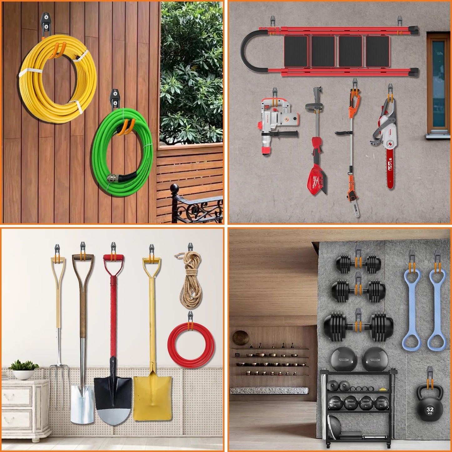 3-H Large Garden Hose Holder Wall Mount 4 Pack,Solid Steel Hose Hanger,Water Hose Holders for Outside,Perfect for Hanging Outdoor Air Hose,Ropes,Pipes,Garden Tools,Ladders,Bikes,Bulk Items(Orange)