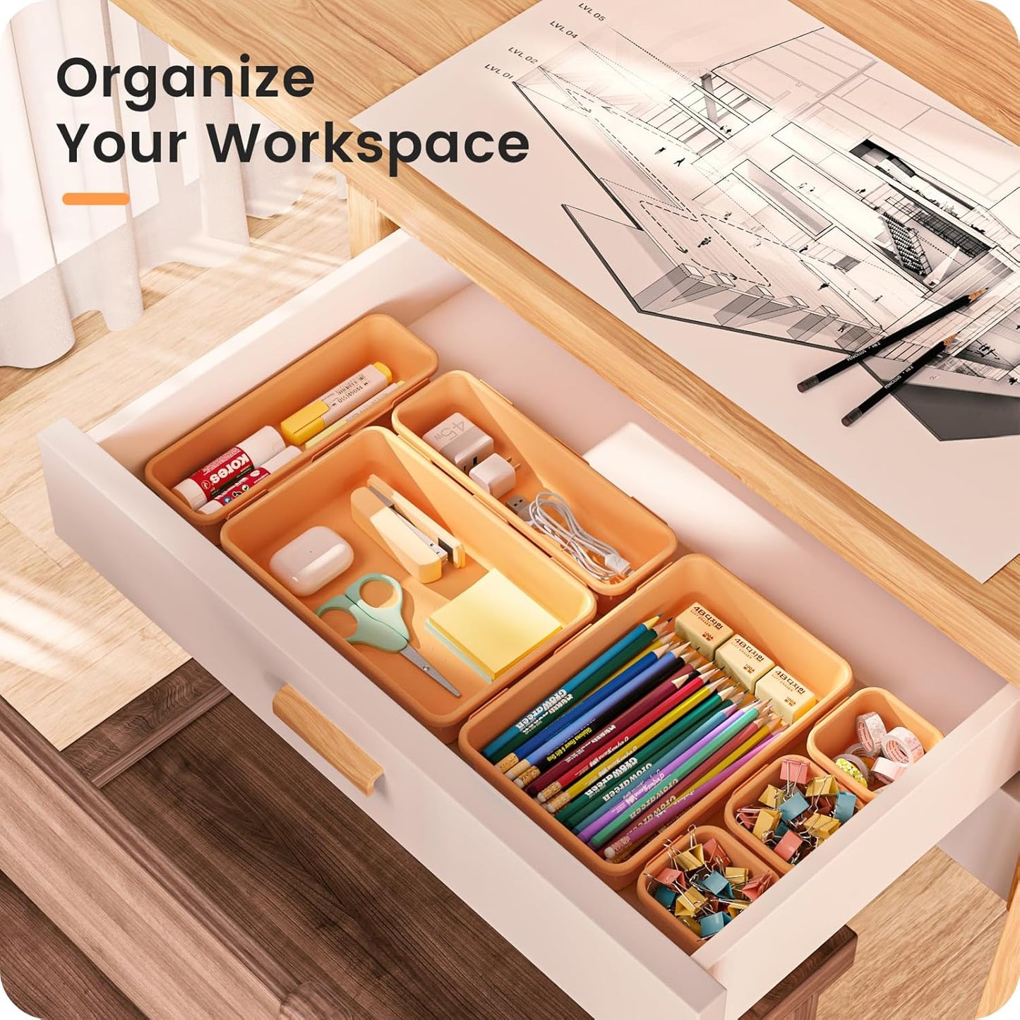A-LUGEI【𝟰𝟲𝗣𝗖𝗦 & 5 Size】Tool Box Organizer Tray Divider Set,【Orange】Desk Drawer Organizer, Garage Organization and Storage Toolbox Accessories Rolling Tool Chest Cart Cabinet WorkBench Small Part
