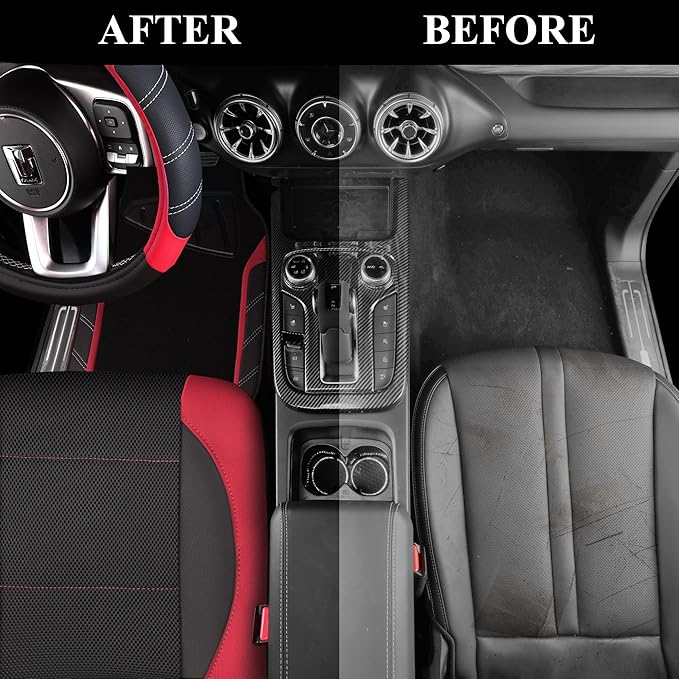 CAR PASS Air Mesh Leather Car Seat Covers for Front Seats, Waterproof Car Floor Mats, Sporty Steering Wheel Cover, Universal Fit for 95% Cars Truck SUV (Black and Red)
