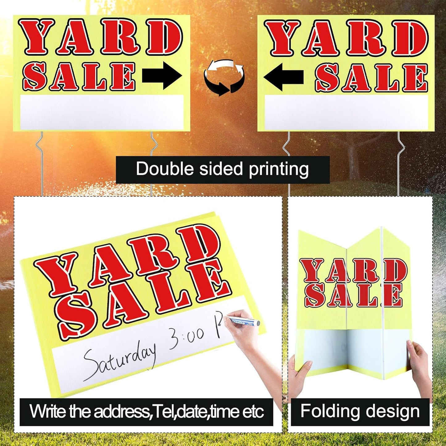 Marsui 3 Pcs Yard Sale Sign 23.6 x 15.7 Inch Double Sided Yard Sale Sign with Metal Stake and Directional Arrow for Outdoor
