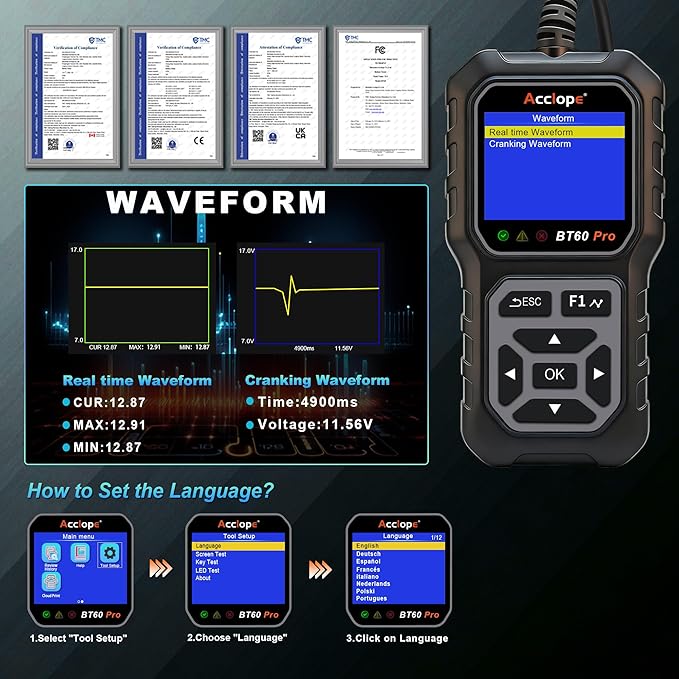BT60 Pro Car Battery Tester, Digital Analyzer with Cloud Printing, 6V/12V/24V Battery Checker for AGM, Lithium, Gel Batteries, 100-3000 CCA Range, Automotive Charging System