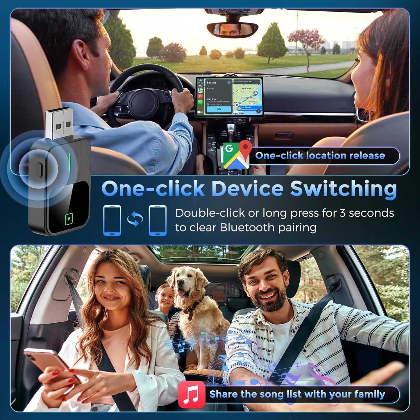 2-in-1 Wireless CarPlay & Android Auto Adapter with 1-Tap Switch & Reset, Wired to Wireless, Plug & Play USB/Type-C Dongle, Auto Connect, No Delay, Apple Car Play Wireless Adapter for iPhone & Android
