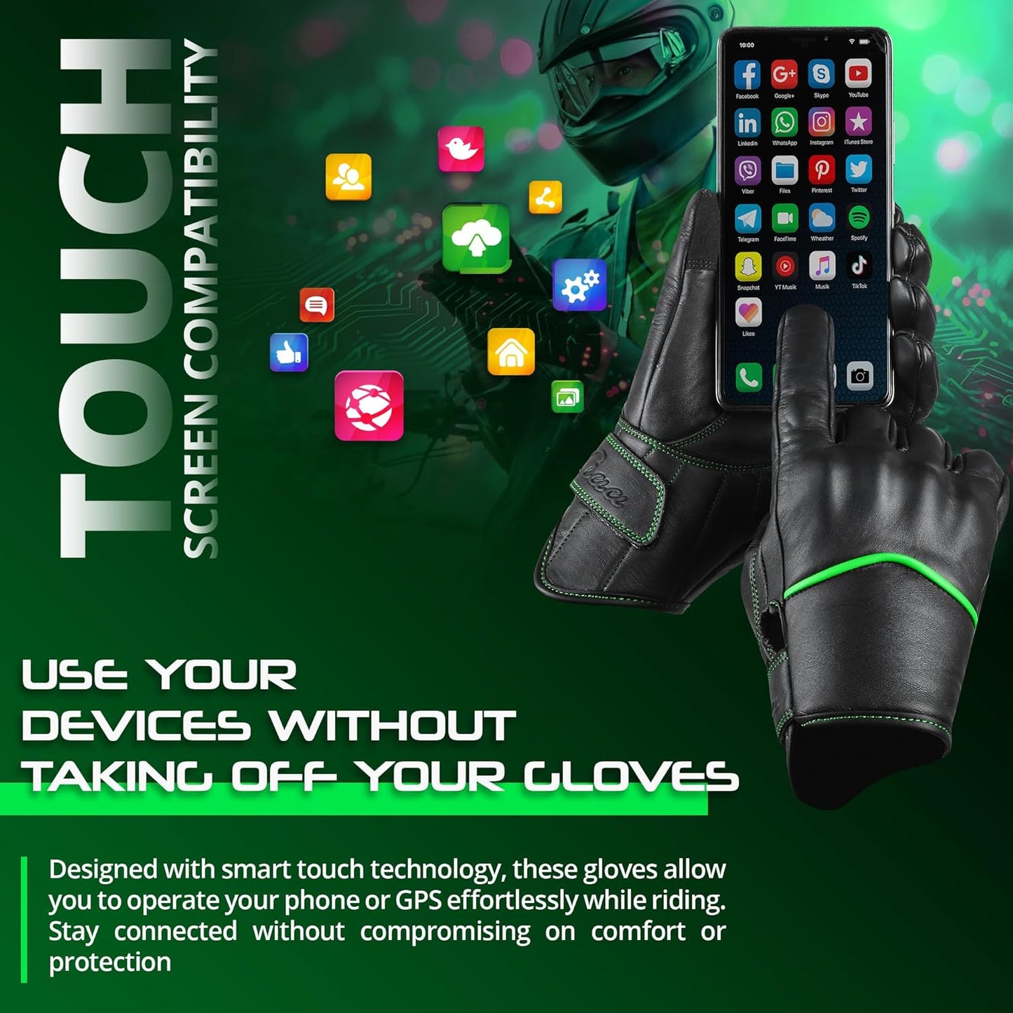 aasportx Motorcycle Gloves - Men's Leather Motorbike Gloves with Touchscreen Function - Non-Slip Pads for Men & Women