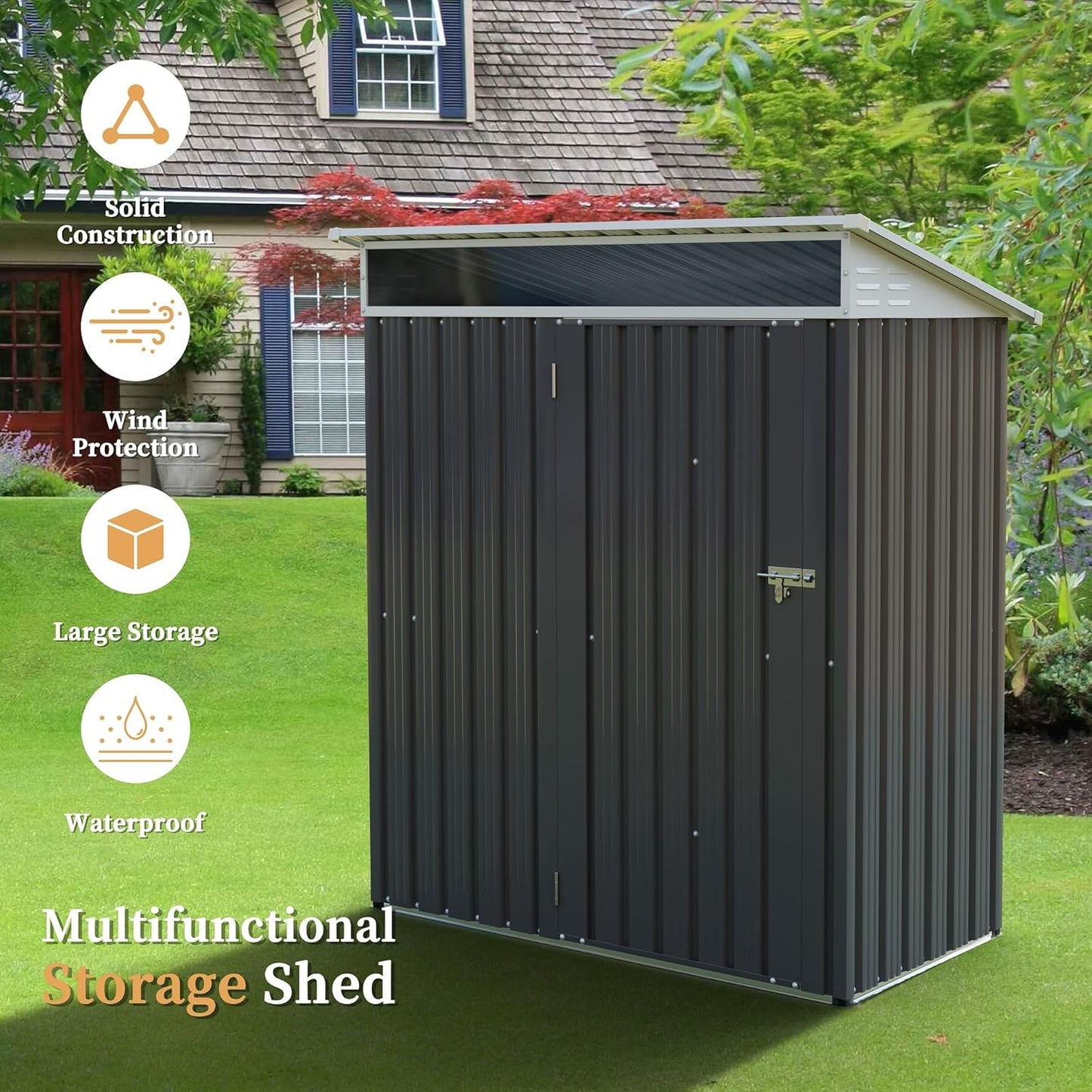 Vongrasig 5 x 3 x 6 FT Outdoor Storage Shed Clearance, Metal Garden Shed with Large Window and Lockable Door, Anti-Corrosion Waterproof Tool Shed for Backyard Patio, Lawn (Dark Gray)
