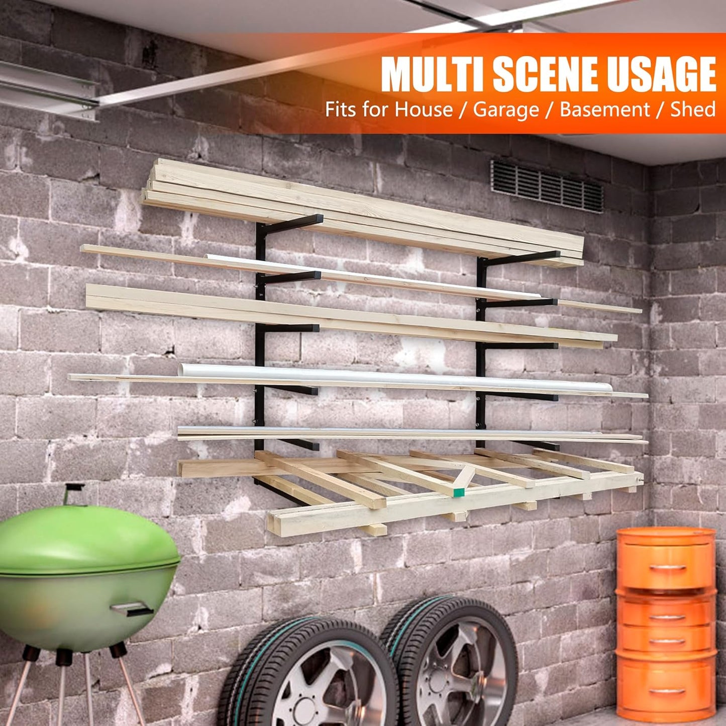 6-Tiered Collapsible Wall Mount Lumber Storage Metal Rack, 6-Level Foldable Heavy Duty Indoor Garage Wood organizer, Outdoor Adjustable Steel Multipurpose Workshop Shelf, Holds up to 600Lbs