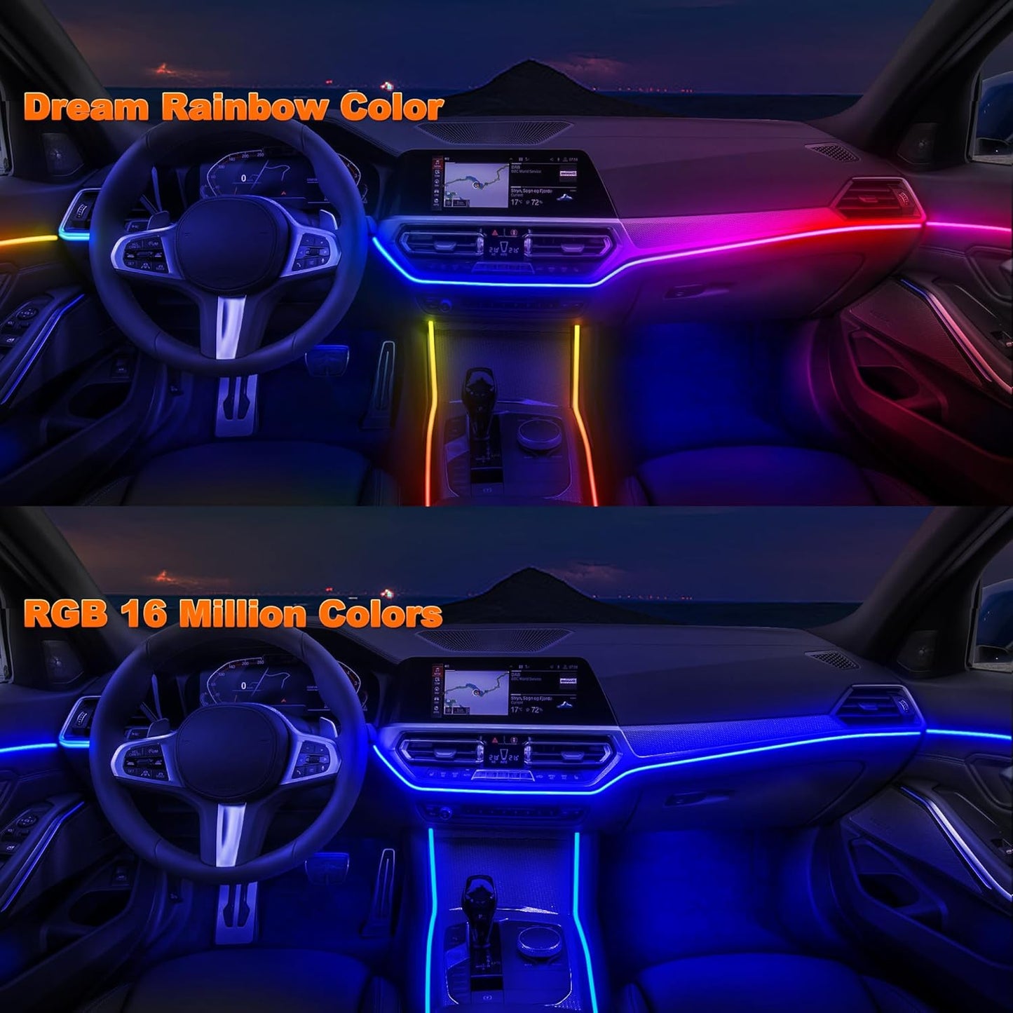 Car LED Strip Lights, Interior Acrylic LED Lights for Car with Dynamic Rainbow Dream Color Chasing, Car Ambient Lighting Kits, Music Sync (8 in 1(6 * 29.5+43.3+14.5 inches))