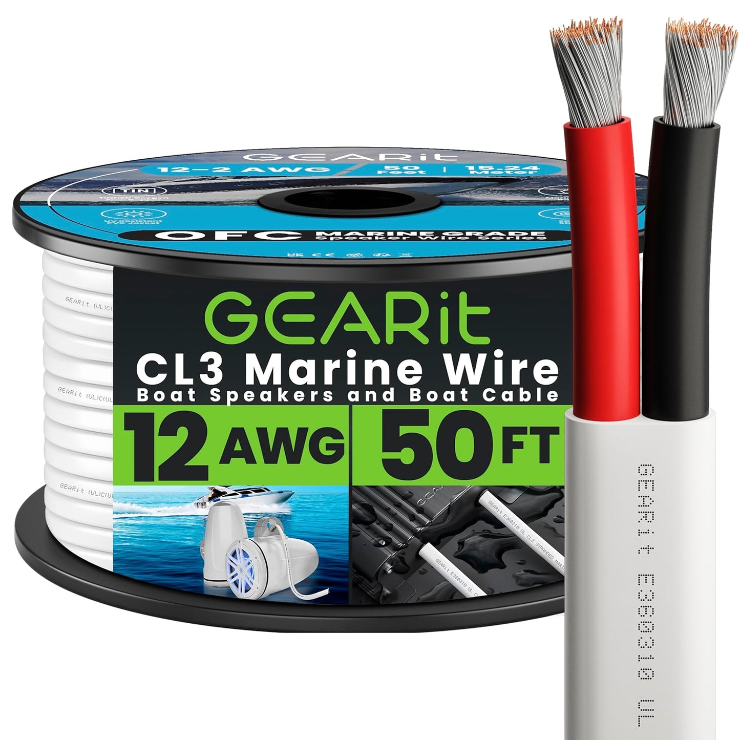 GEARit 12 Gauge Marine Wire, 12/2 AWG (50ft) Marine Grade Tinned Copper Oxygen Free, Duplex 2-Conductor Insulated Red & Black Electrical Cable for Boat, Automotive, RV, Camper, Trailer