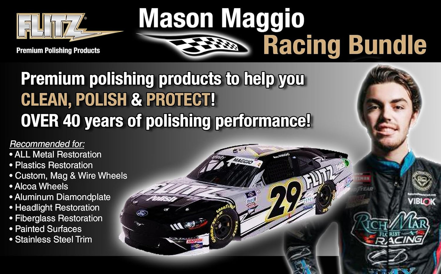 Flitz Mason Maggio Racing Bundle - USA-Made Car Cleaning Kit - Includes 1lb Polish, 32oz Sealant, 16oz Metal Pre-Clean, 2 Buff Balls, & 4 Microfiber Cloths - Professional Car Detailing Kit to Restore