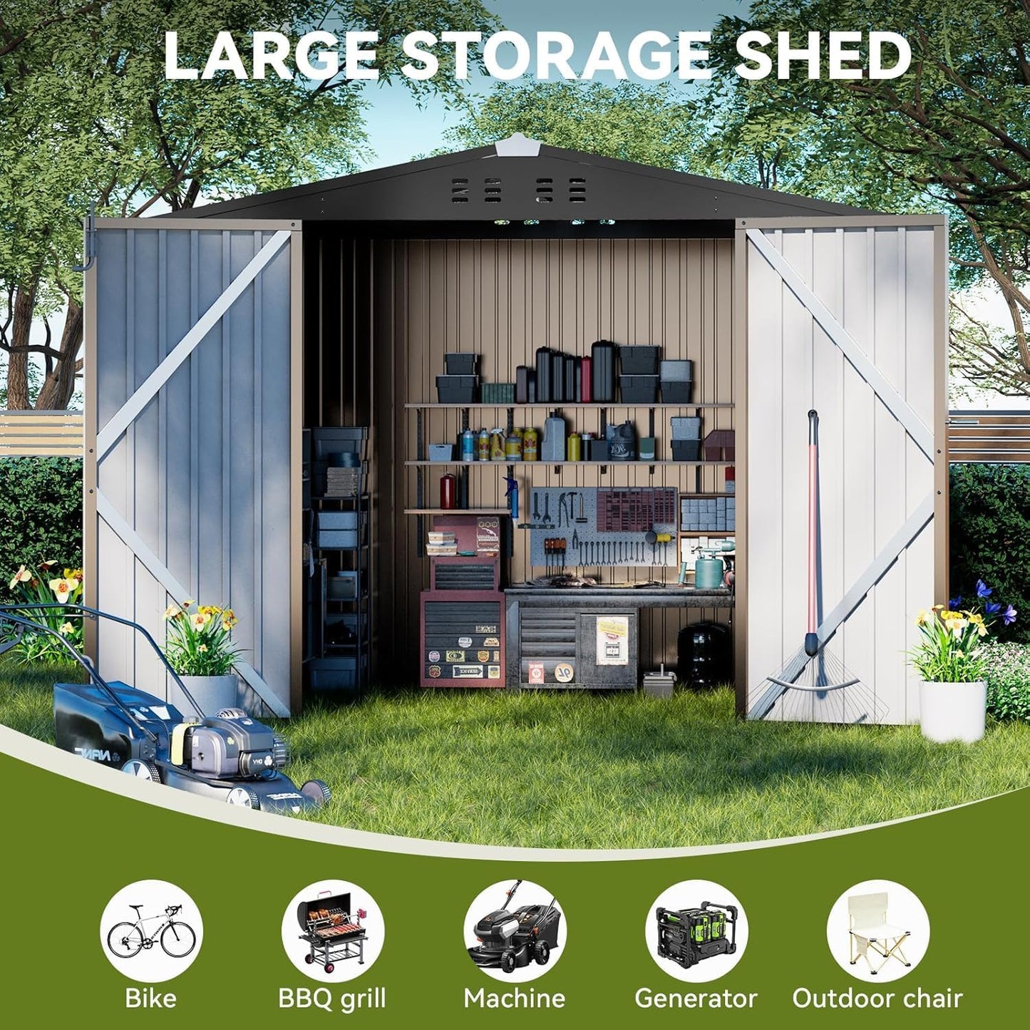 COMHOMA Shed Outdoor Storage Shed Metal,Lockable Doors Tool Sheds with Sloping Roof,Steel Garden Shed with Air Vent for Backyard,Patio,Lawn,Poolside (Brown, 8'*6')