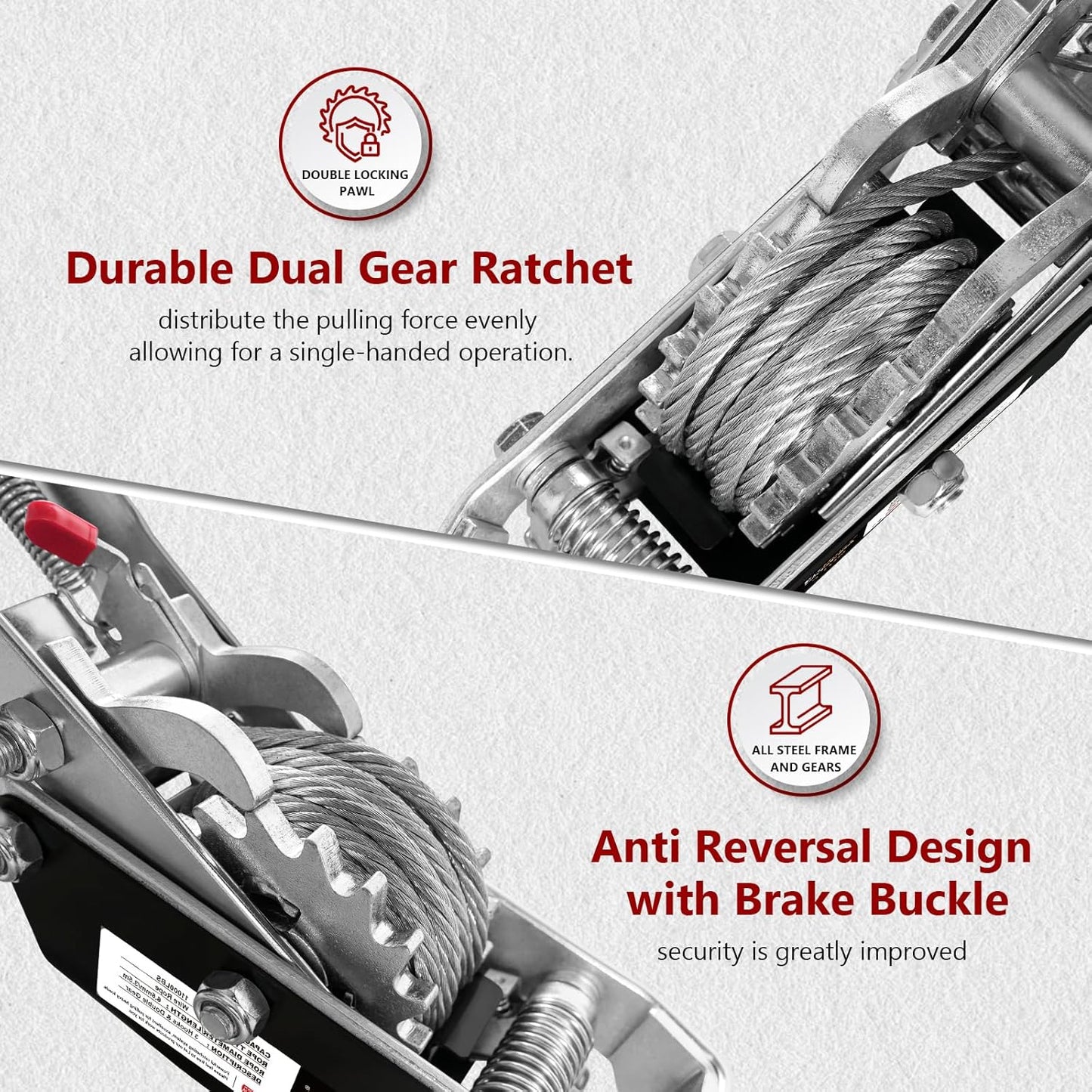 Come Along Winch 5T Pulling Capacity 11.5FT Steel Cable 3 Hooks Heavy Duty Power Cable Come Along Tool with Dual Gears Automotive Hoist Cable Puller Ideal for Vehicle Rescue