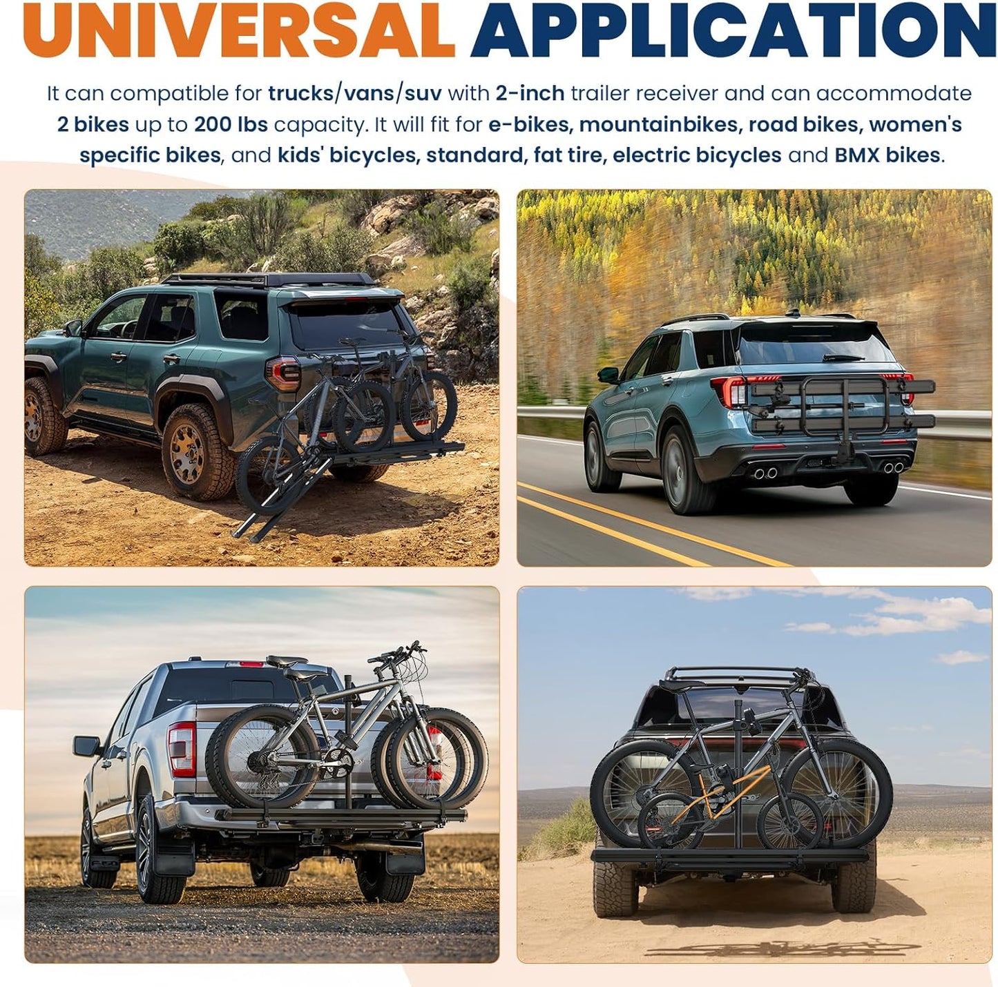 Aluminum 2 EBikes Rack Foldable 2'' Hitch Mounted Carrier Racks w/Ramps Over 200lbs Capacity for 5 inch Fat Tire Heavy Duty Universal E-Bike Racks for SUVs Cars Trucks RV 2-Inch Receiver