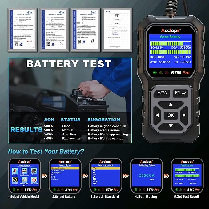 BT60 Pro Car Battery Tester, Digital Analyzer with Cloud Printing, 6V/12V/24V Battery Checker for AGM, Lithium, Gel Batteries, 100-3000 CCA Range, Automotive Charging System