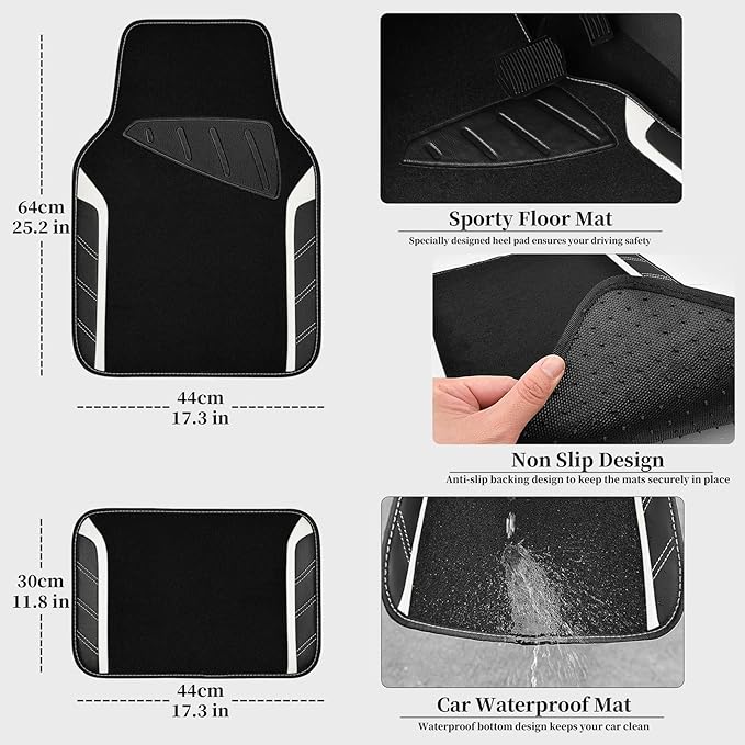 CAR PASS Leather Steering Wheel Cover and Waterproof Car Floor Mats, Microfiber Universal Car Combo Fit for 95% Sedan SUV Van,14.5-15 inch Sporty Anti-Slip Safety Comfortable Design, Black＆White