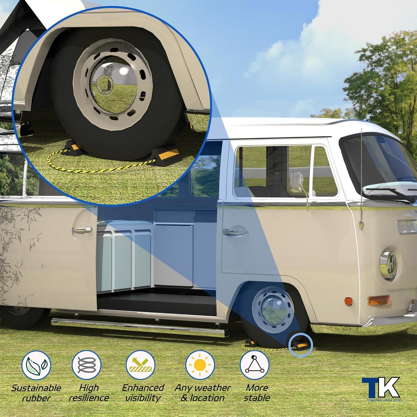 Heavy Duty Rubber Wheel Chock, Non-Slip Tire Stopper with Durable Nylon Rope, for Cars, Trucks, RVs, and Aircraft, 2 Pairs