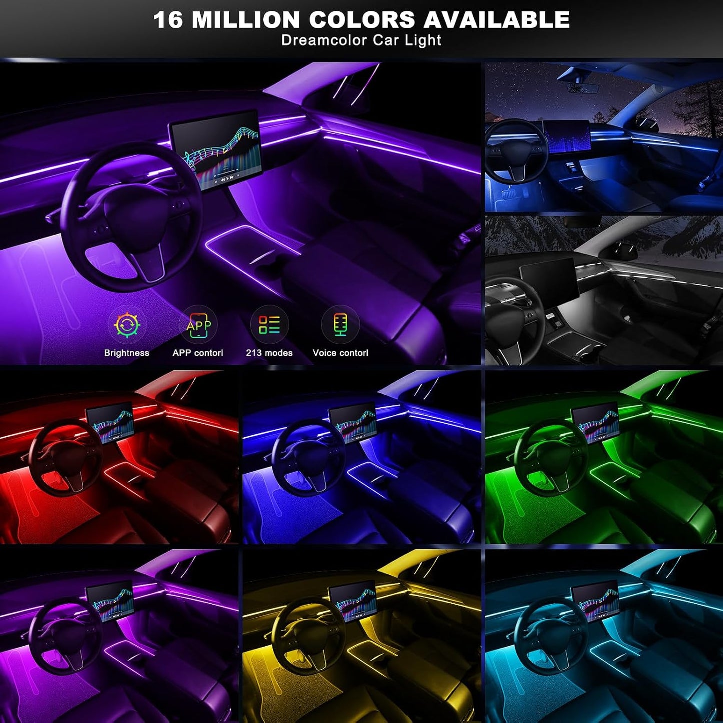 Acrylic Interior Car LED Strip Light with Wireless APP, RGB 10 in 1 with 175 inches 612 LEDs Fiber Optic Car Ambient Lighting Kits, Dynamic Music Sync Neon LED Strip Lights for Car