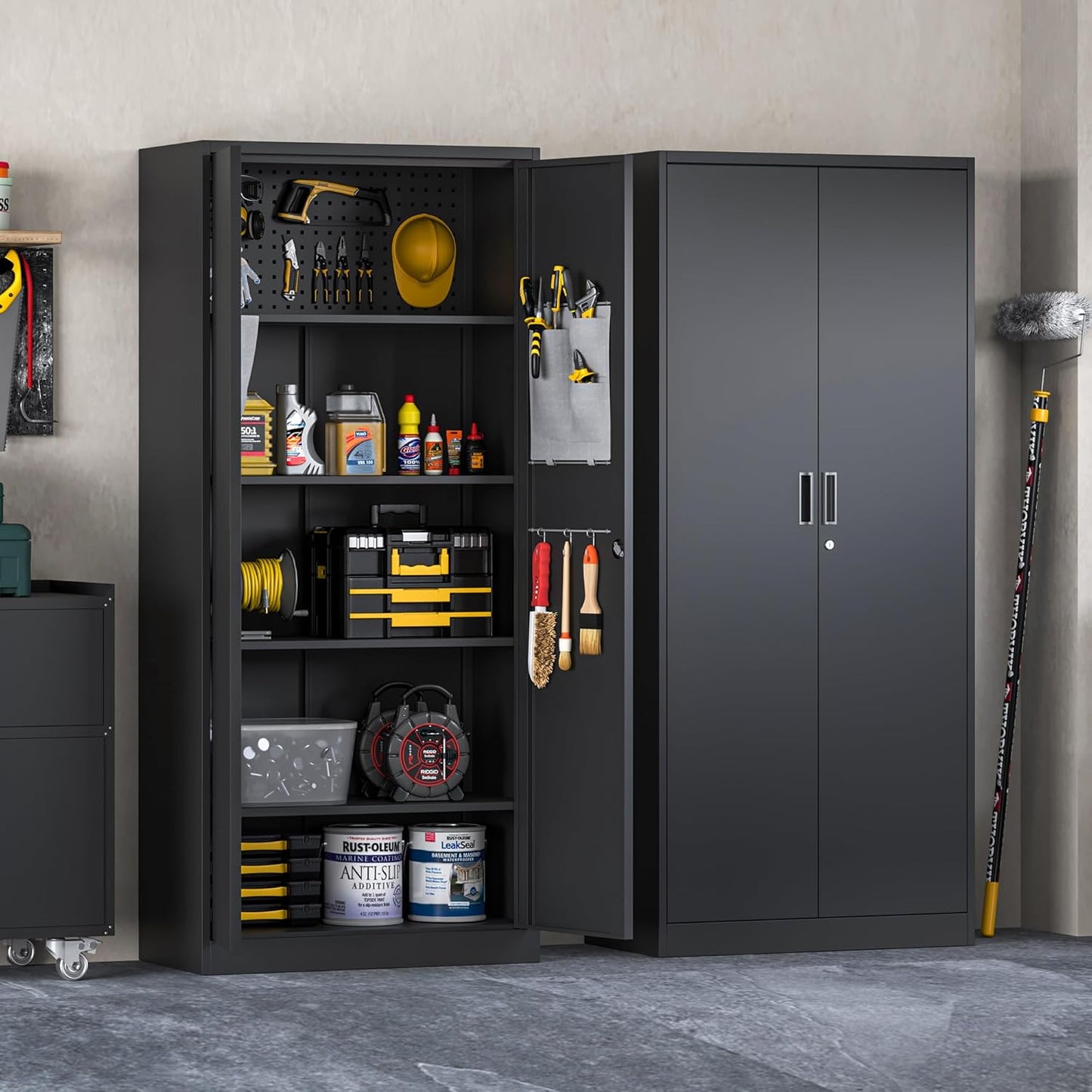 Washemba 71" Metal Garage Storage Cabinet, 2 Locked Doors and 5 Adjustable Shelves, can be Used for Storing Tools, consumables, Books, etc., for Office, Home, Garage, Gym, School (Black)