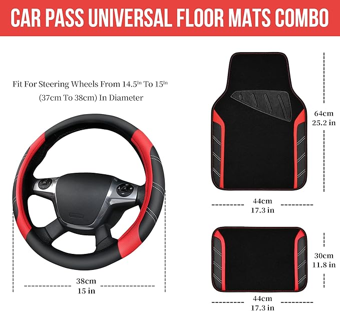 CAR PASS Leather Steering Wheel Cover and Waterproof Car Floor Mats,Microfiber Universal Car Combo Fit for 95% Sedan,SUV,Cars,14.5-15inch Sporty Anti-Slip Safety Comfortable Design(Black＆Red)