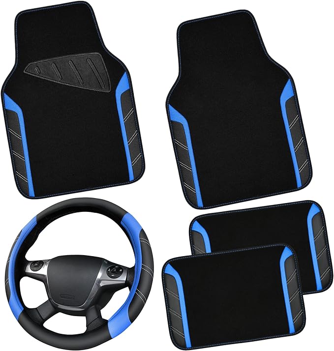 CAR PASS Leather Steering Wheel Cover and Waterproof Car Floor Mats,Microfiber Universal Car Combo Fit for 95% Sedan,SUV,Cars,14.5-15inch Sporty Anti-Slip Safety Comfortable Design(Black＆Blue)