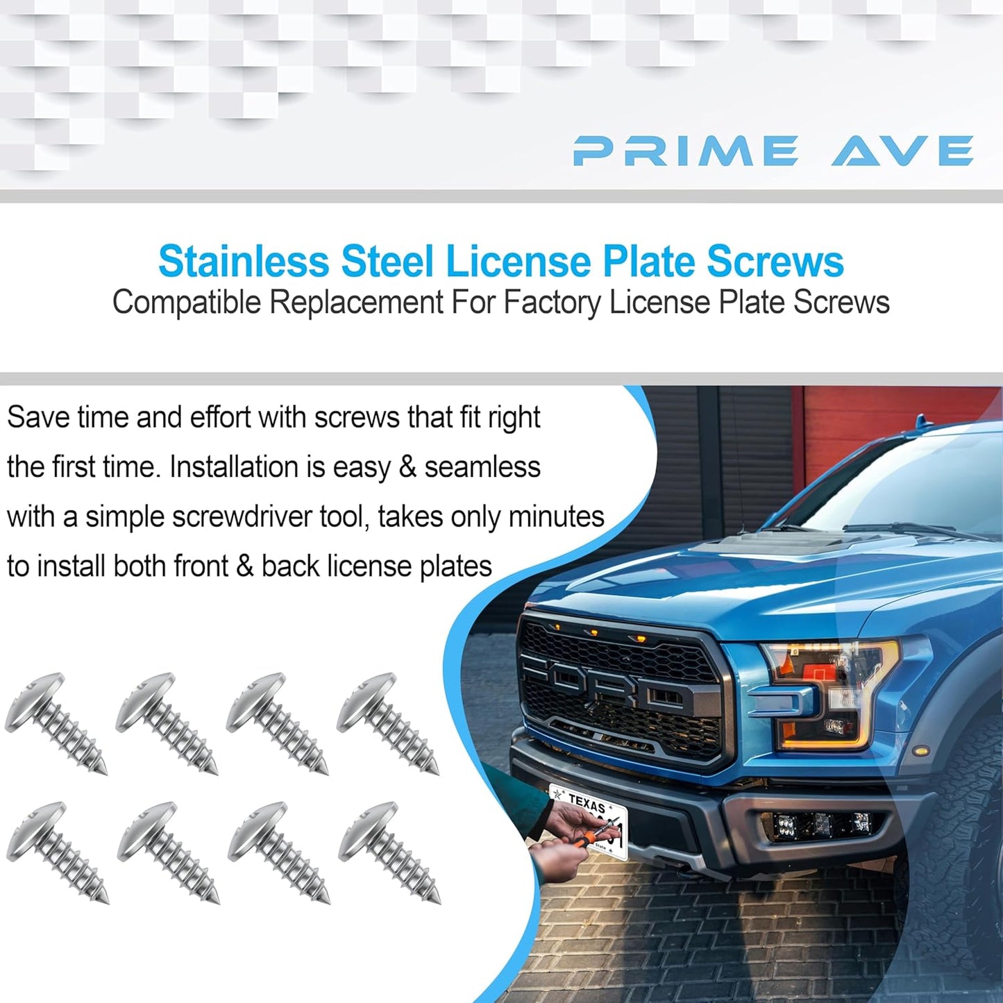 Stainless Steel License Plate Screws for License Plates, Frames, Covers - Durable & Rust Proof Licence Plate Screw Set for Front/Rear - Compatible with Ford Lincoln (Pack of 8)