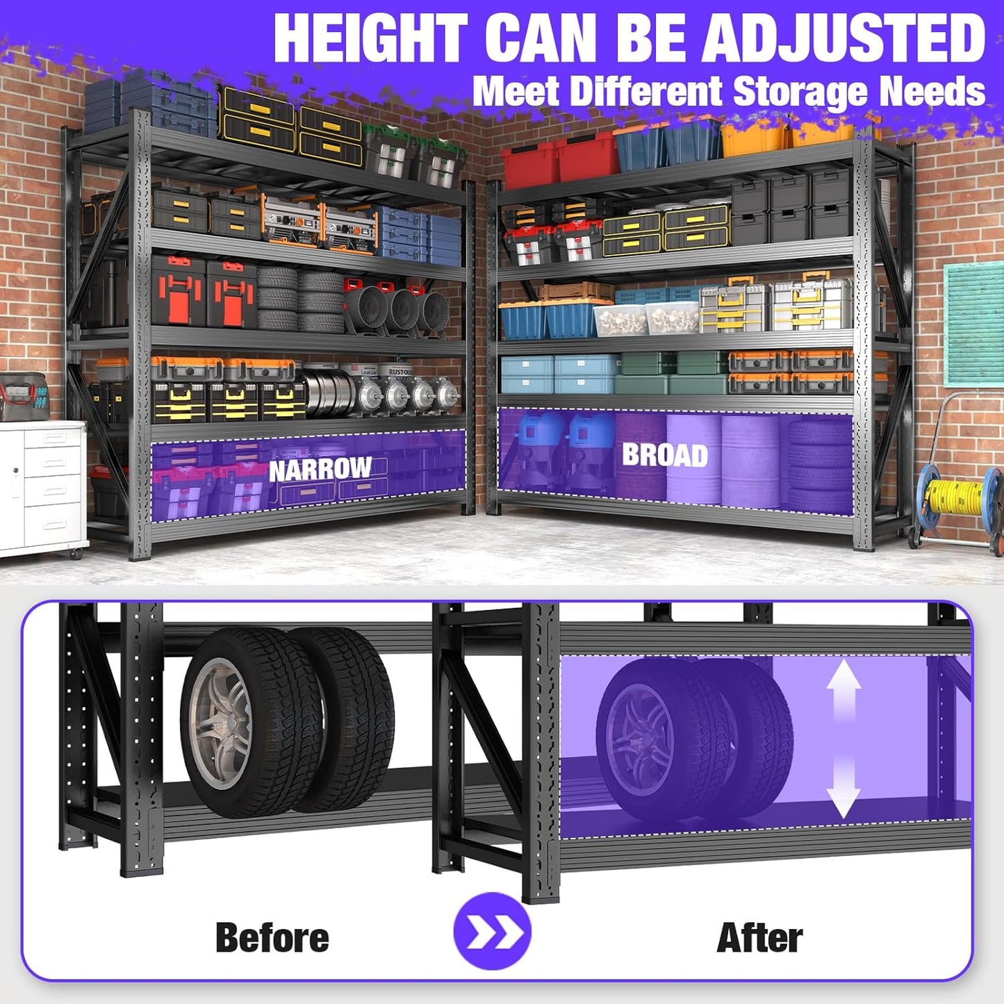 8000LBS Garage Shelving Heavy Duty, 5-Tier 71" H Storage Garage Shelves, Industrial Adjustable Metal Shelving Units for Garages, Warehouses, Kitchen, Black, 59" W x 24" D x 71" H