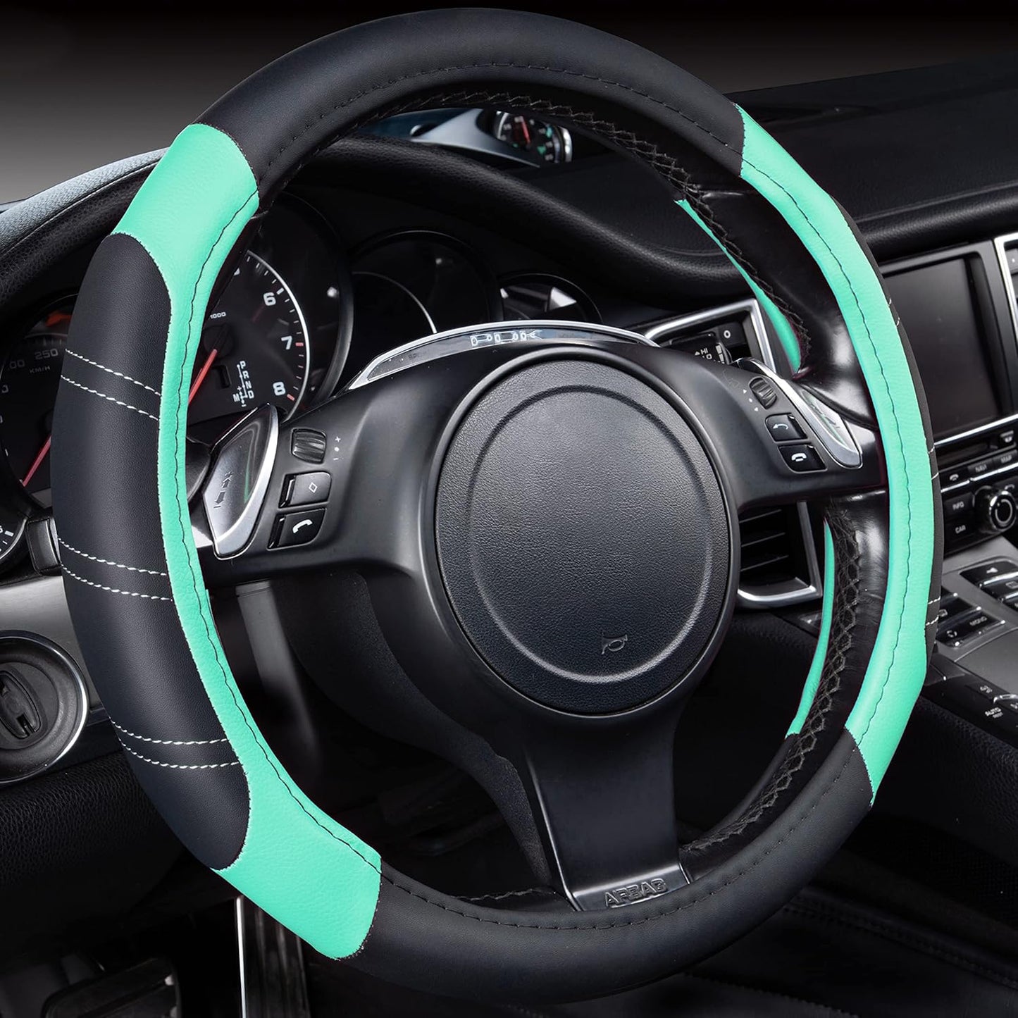 CAR PASS Line Rider Microfiber Leather Sporty Steering Wheel Cover Universal Fits for 95% Truck,SUV,Cars, 14.5-15 inch Anti-Slip Safety Comfortable Design (Black Mint Blue)
