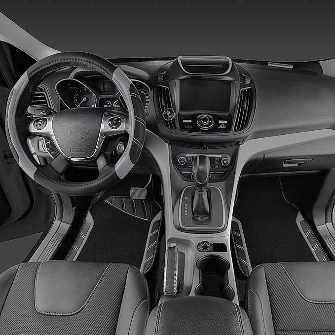 CAR PASS Leather Steering Wheel Cover and Waterproof Car Floor Mats,Microfiber Universal Car Combo Fit for 95% Sedan,SUV,Cars,14.5-15inch Sporty Anti-Slip Safety Comfortable Design(Black＆Gray)
