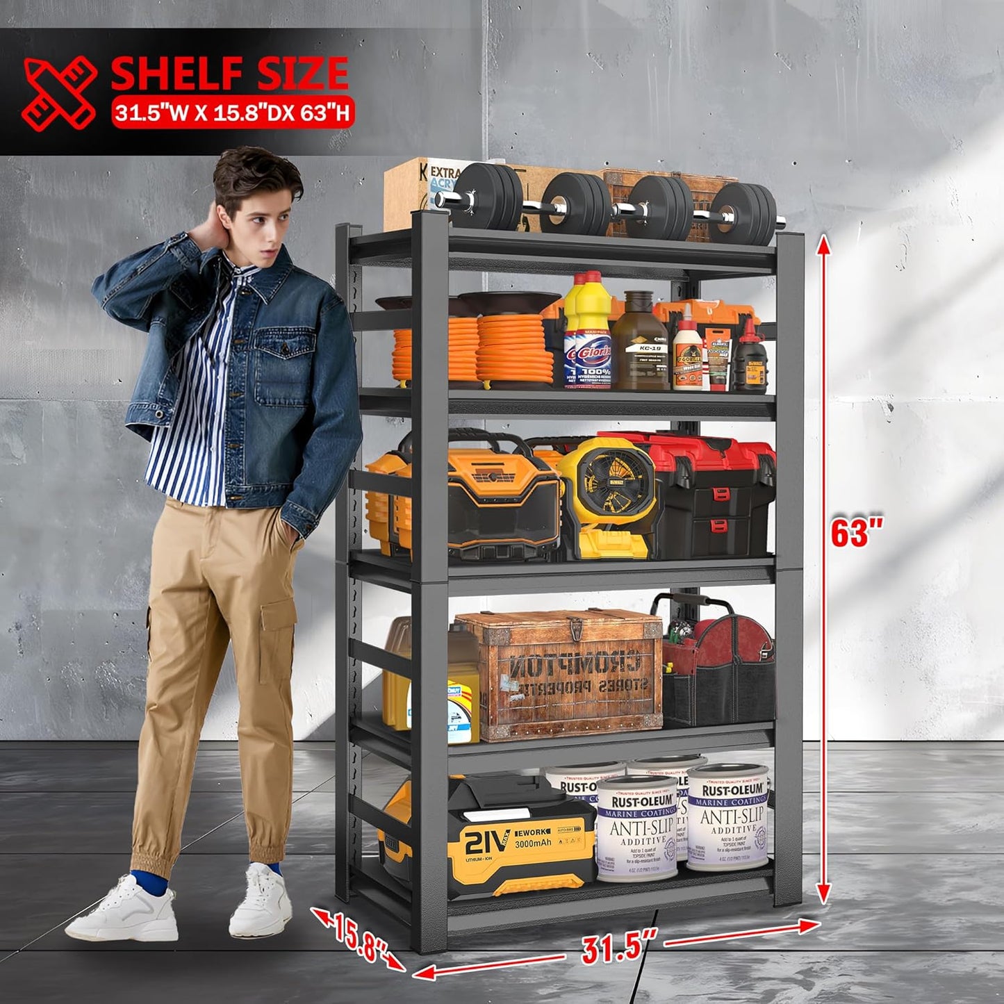 63" H Garage Shelving 3000LBS Heavy Duty Steel Shelving Units, Adjustable 5 Tier Metal Industrial Garage Storage Shelves for Kitchen,Utility Room and Basement, 31.5''Wx15.87''Dx63''H, Black