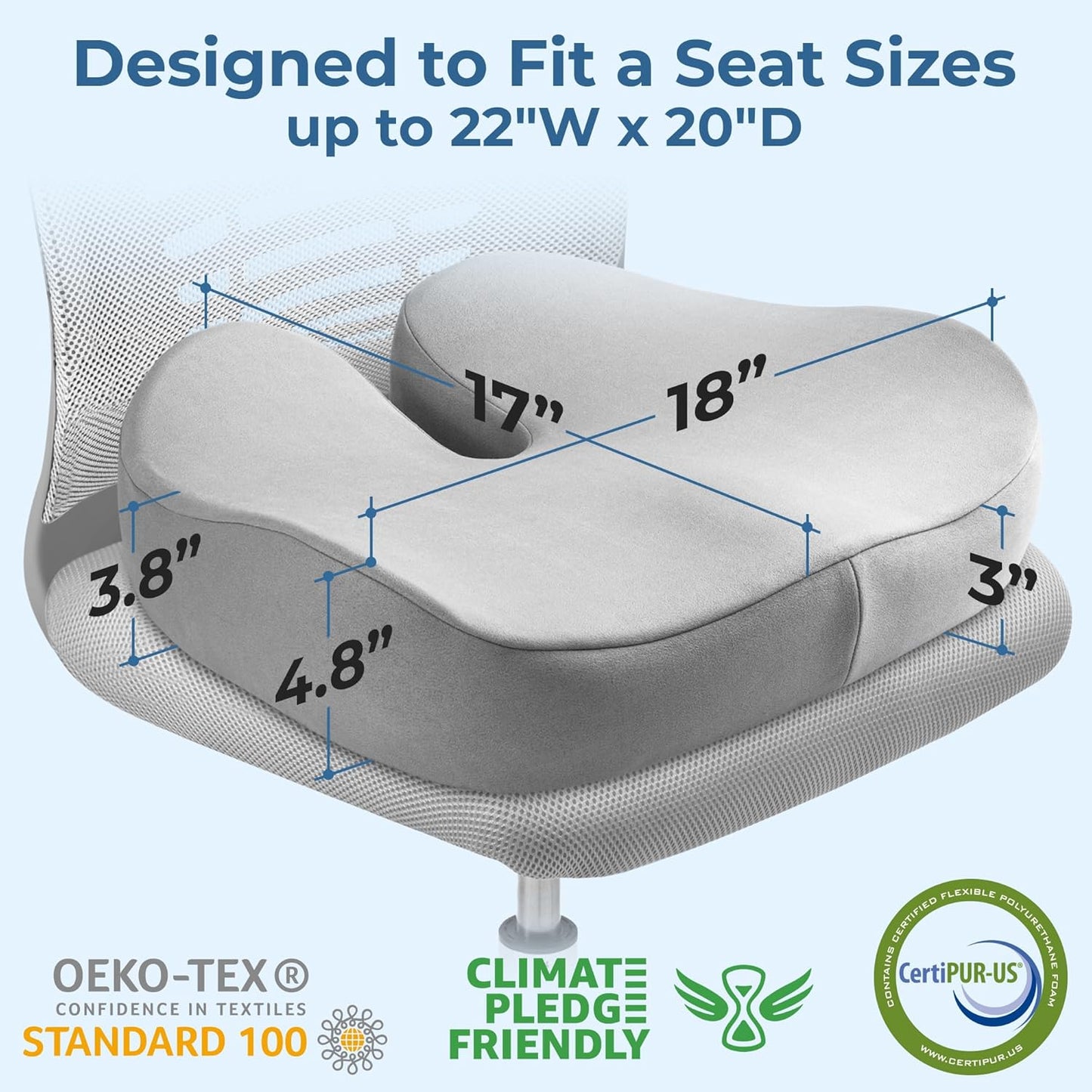 5 STARS UNITED Seat Cushion for Tailbone Pain Relief – Large Memory Foam Lifting Pillow for Coccyx, Hip, Sciatica & Post-Surgery Recovery – Wheelchair, Car, Desk, Gaming & Office Chairs, Light Gray