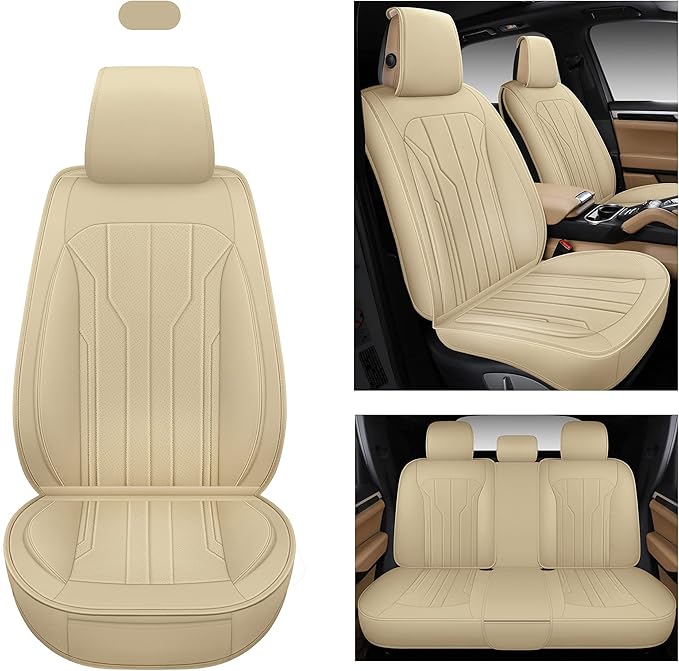 AOOG Leather Car Seat Covers, Leatherette Automotive Seat Covers for Cars SUV Pick-up, Non-Slip Vehicle Car Seat Covers Universal Fit Set for Auto Interior Accessories, Full Set, Beige