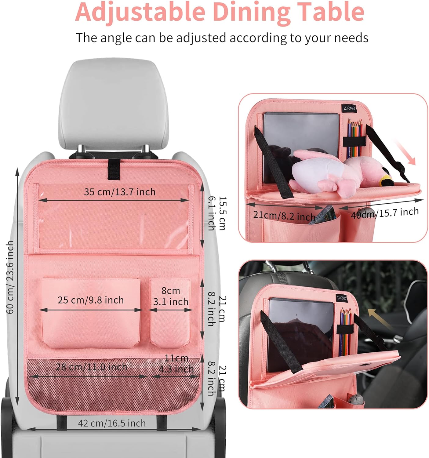 LUCMO Car Backseat Organizer with Tablet Holder,6 Storage Pockets Car Storage Organizer with Foldable Food Tray,Seat Protectors Kick Mats Travel Accessories-Pink
