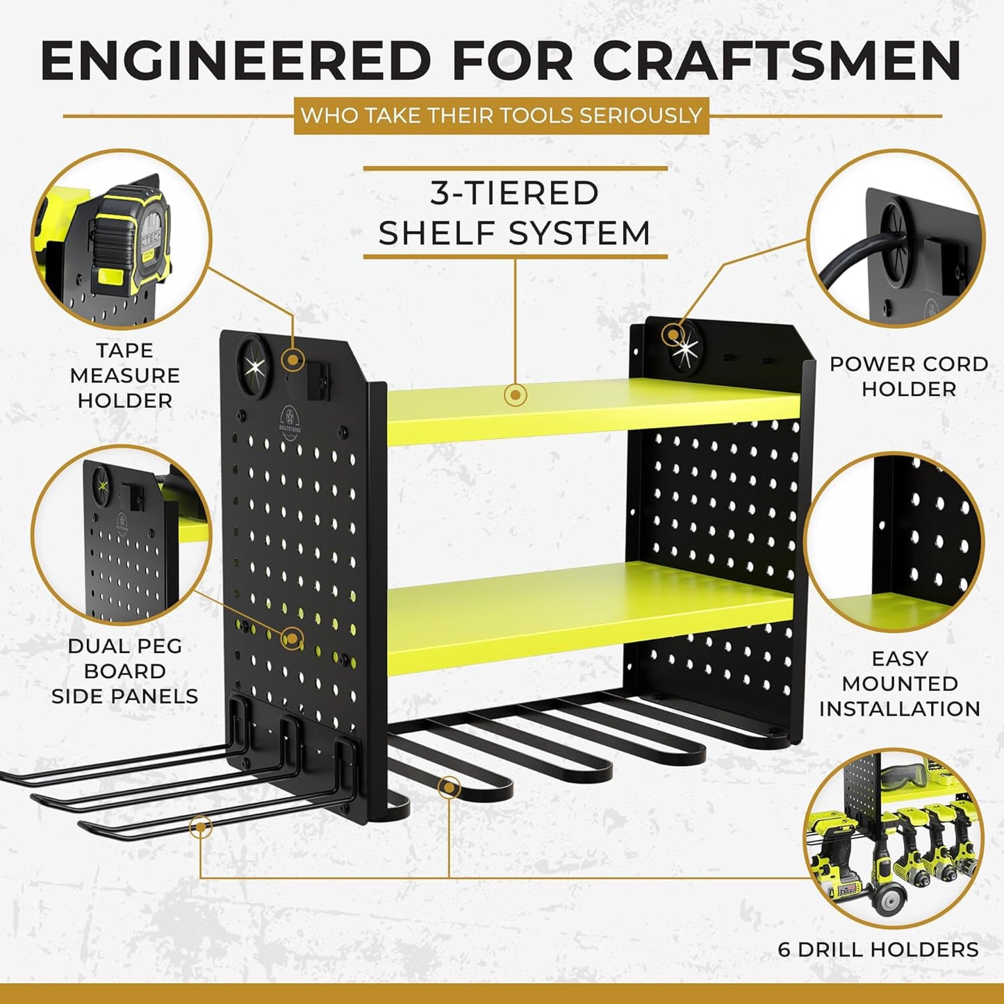 Power Tool Organizer - 6 Drill Holder Wall Mount, 3-Tier Heavy-Duty Hand Tool Storage Rack With 2 Pegboard Sides - Green