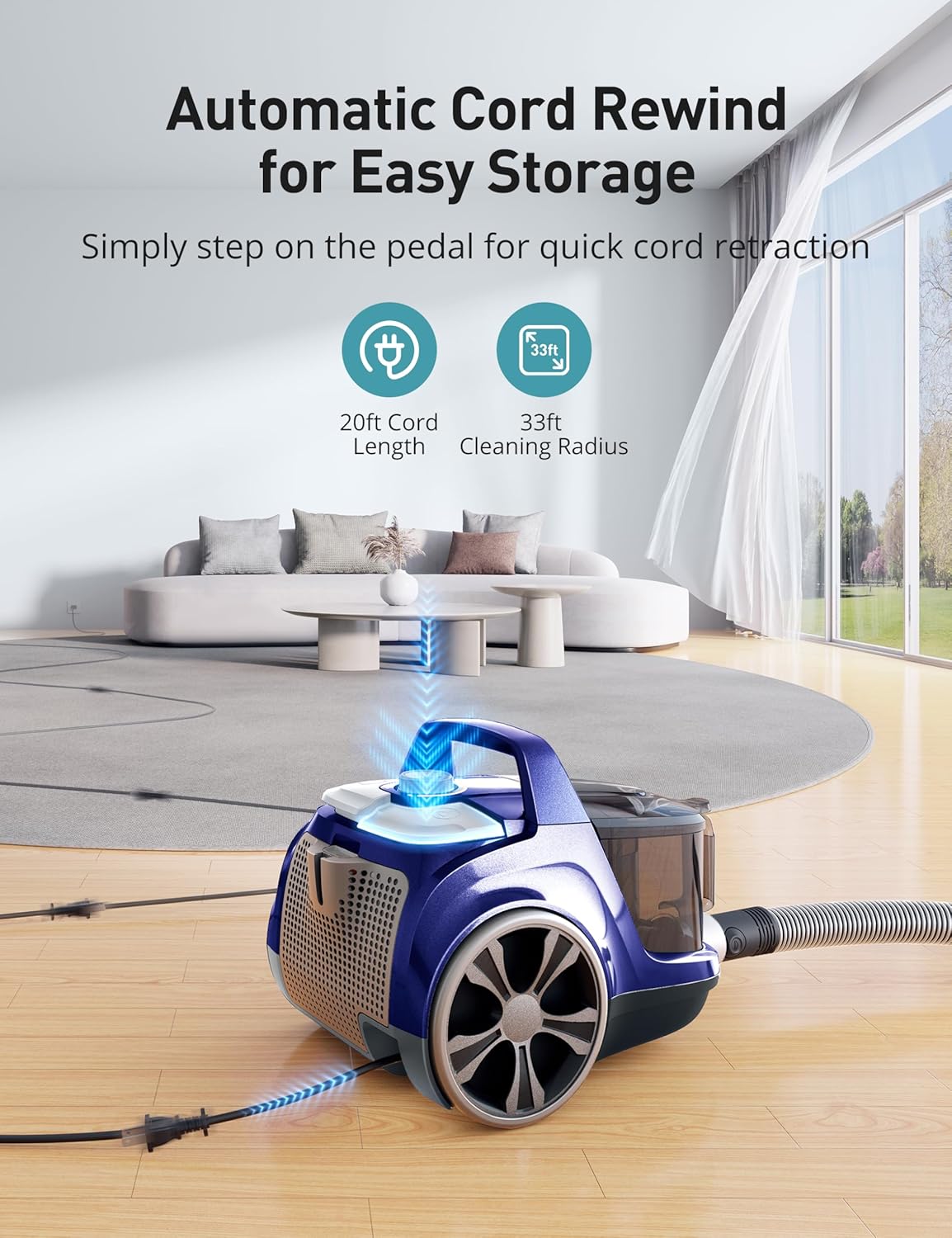 Aspiron Canister Vacuum, Upgraded 1600W Bagless Canister Vacuum Cleaner, Auto Cord Rewind, H13 HEPA Filter, 3.7Qt Large Capacity, 5 Tools for Hard Floors, Carpet, Pet, Upholstery, Tiles, Car, White