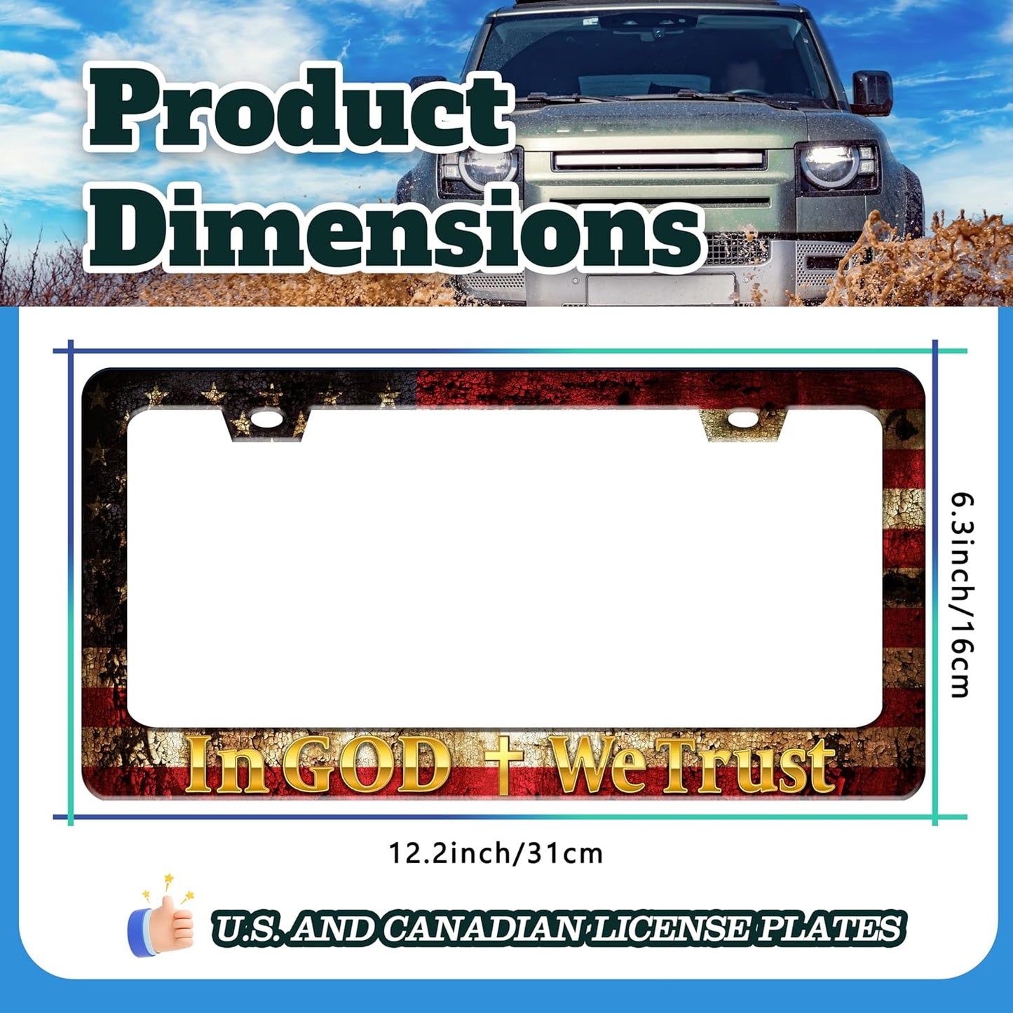 in God We Trust License Plate Frame Cross American Flag for Front or Rear Car Tags Stainless Steel License Plate Holder Funny Car Decoration with Screws 6.3 X 12.2 in