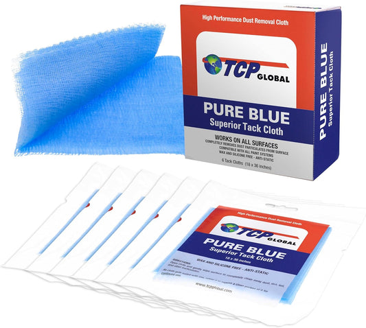 TCP Global - Pure Blue Superior Tack Cloths - Tack Rags (Box of 6) - Automotive Car Painters Professional Grade - Removes Dust, Sanding Particles, Cleans Surfaces - Wax and Silicone Free, Anti-Static