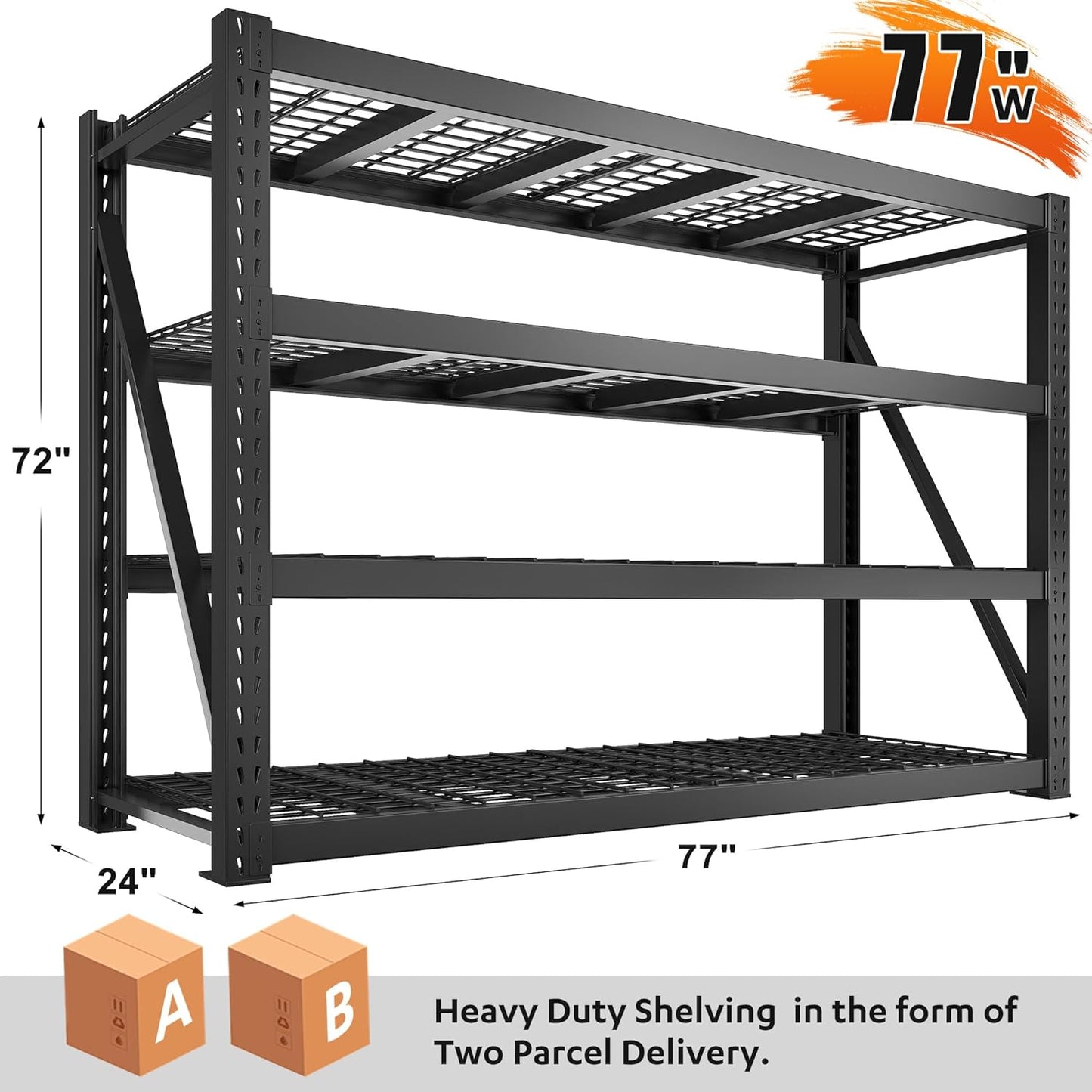 Bepatio 77" W Storage Shelves Heavy Duty Garage Shelving 8000LBS 4 Tier Metal Shelving Unit, Adjustable Shelves, Steel Industrial Shelving for Basement Warehouse Commercial,77" W*24" D*72”H,Black