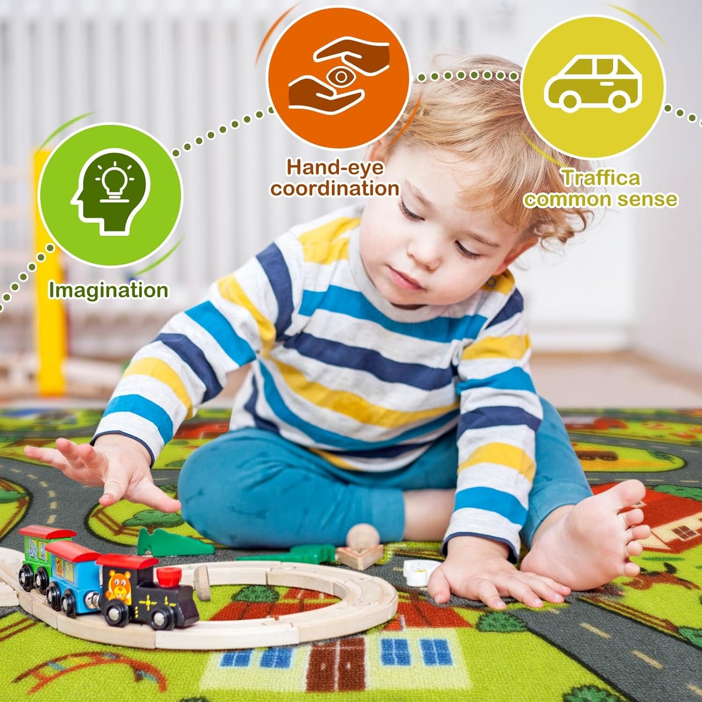 STARUIA 60" x 32" Washable Kids Rug for Playroom, Boys Baby Car Rugs for Kids Toy Cars Have Fun Safely, Educational Farm Road Play Rug Race Track Carpets for Kid Room Bedroom