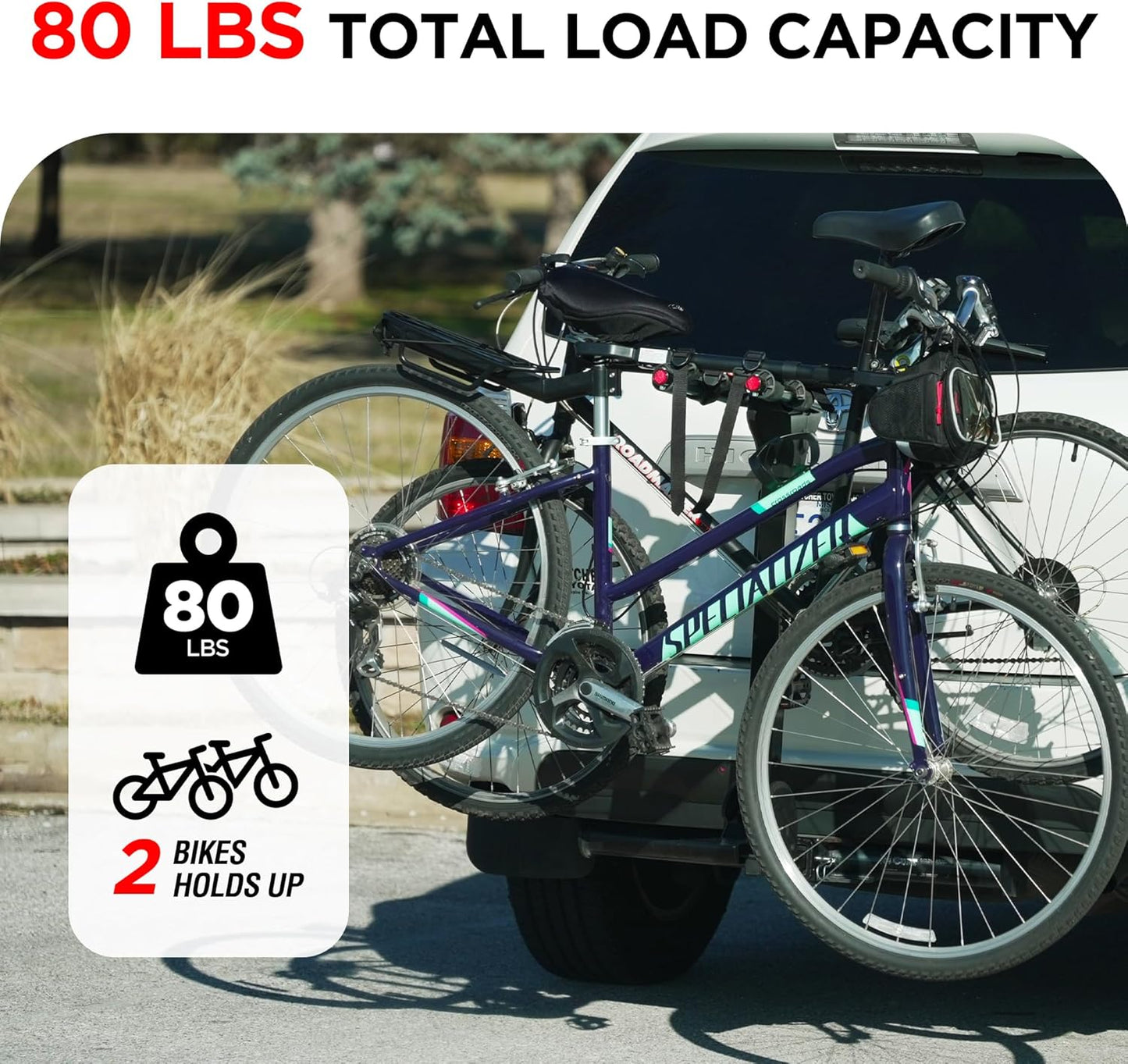 Rockland Foldable 2-Bike Rack, 80 lbs Capacity, Hitch Mount Bike Rack with Adjustable Pedal, Bike Carrier Rack for 1.25" and 2" Receiver for Cars SUVs Vans RVs