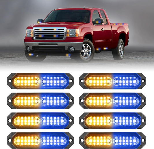 HLauto 1200T Emergency Strobe Grille Lights: 8pcs 12 LED Sync Feature Safety Warning Flashing Lights, Ultra Slim Surface Mount Hazard Caution Lights for Trucks, Vehicles, Car, ATV, UTV (Amber Blue)