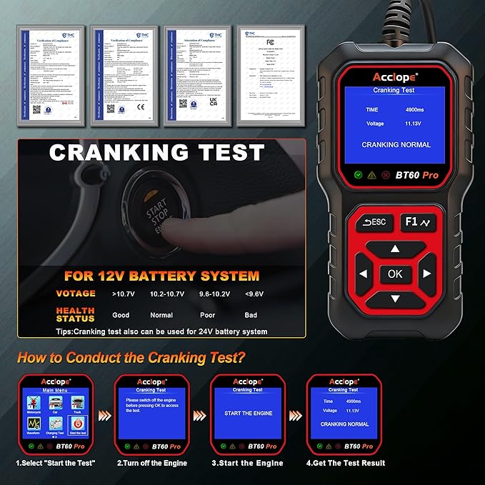 BT60 Pro Car Battery Tester with Cloud Printing,100-3000 CCA, Digital Analyzer for 6V/12V/24V Batteries, AGM Lithium Gel Battery Checker, Automotive Alternator System