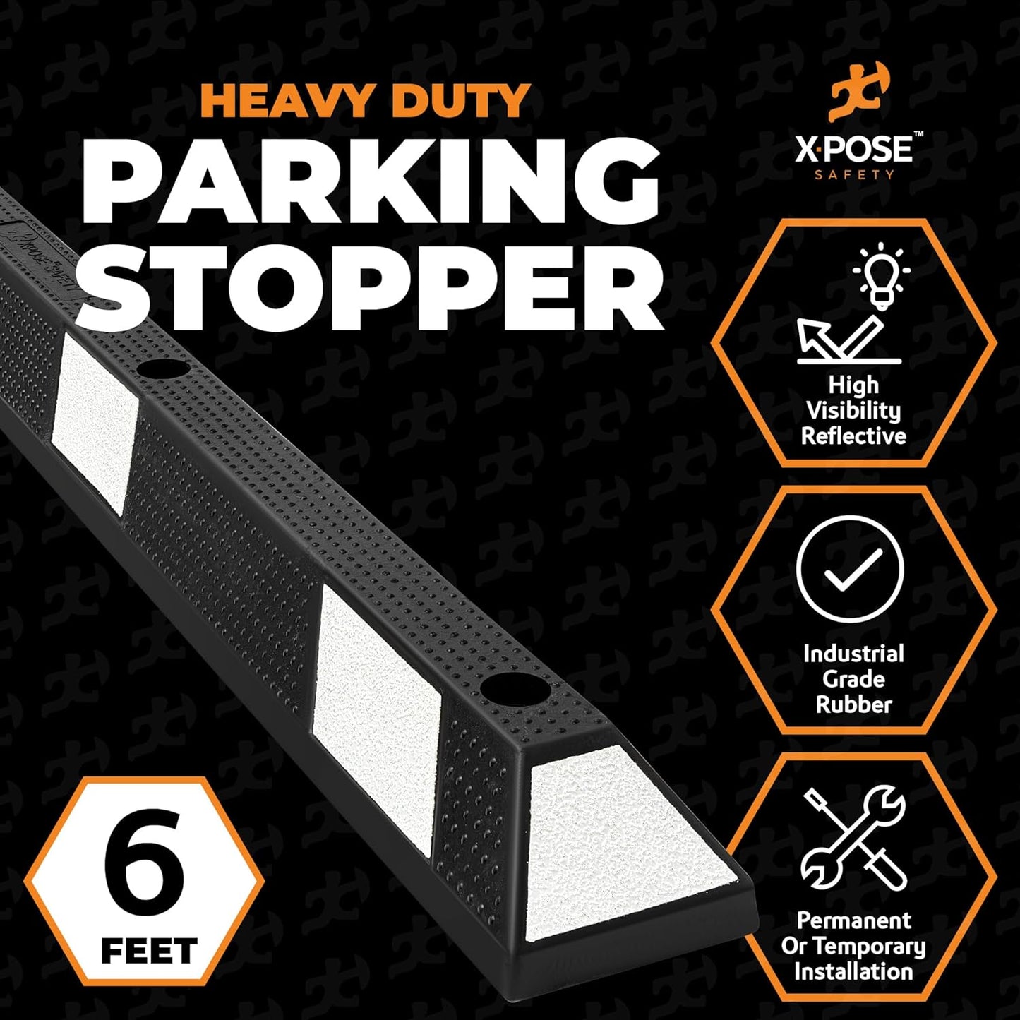 Xpose Safety 72" Heavy Duty Rubber Parking Stopper – 6 Pack Wheel Blocks for Garage, Driveway, or Ramp – Car Bumper Stop with White Reflective Strips – Removable Floor Mount