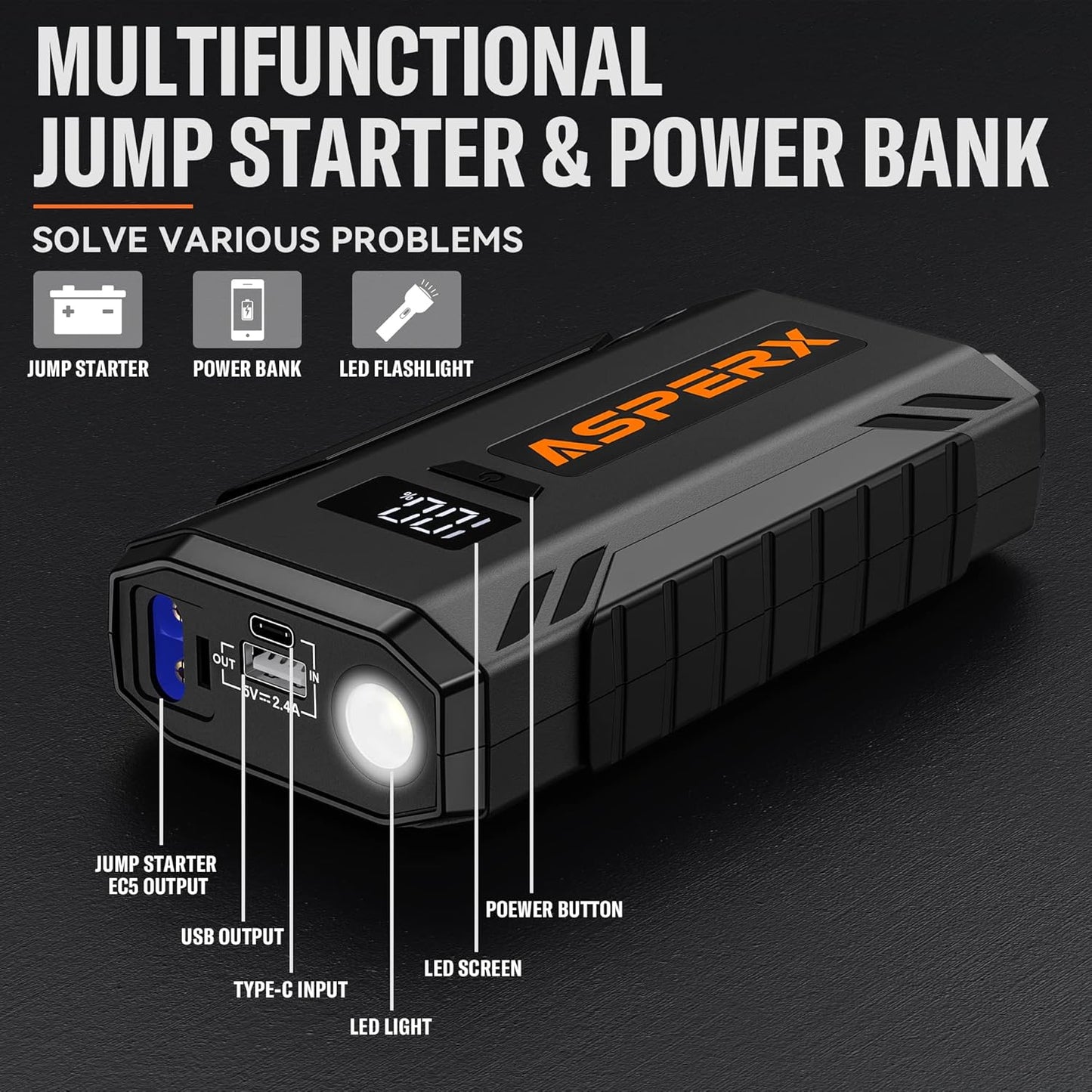 ASPERX Car Jump Starter, 2000A Peak Battery Jump Starter for Up to 7.0L Gas or 5.5L Diesel Engine, 12V Portable Battery Starter Power Pack with 1.4 INCH LCD Display
