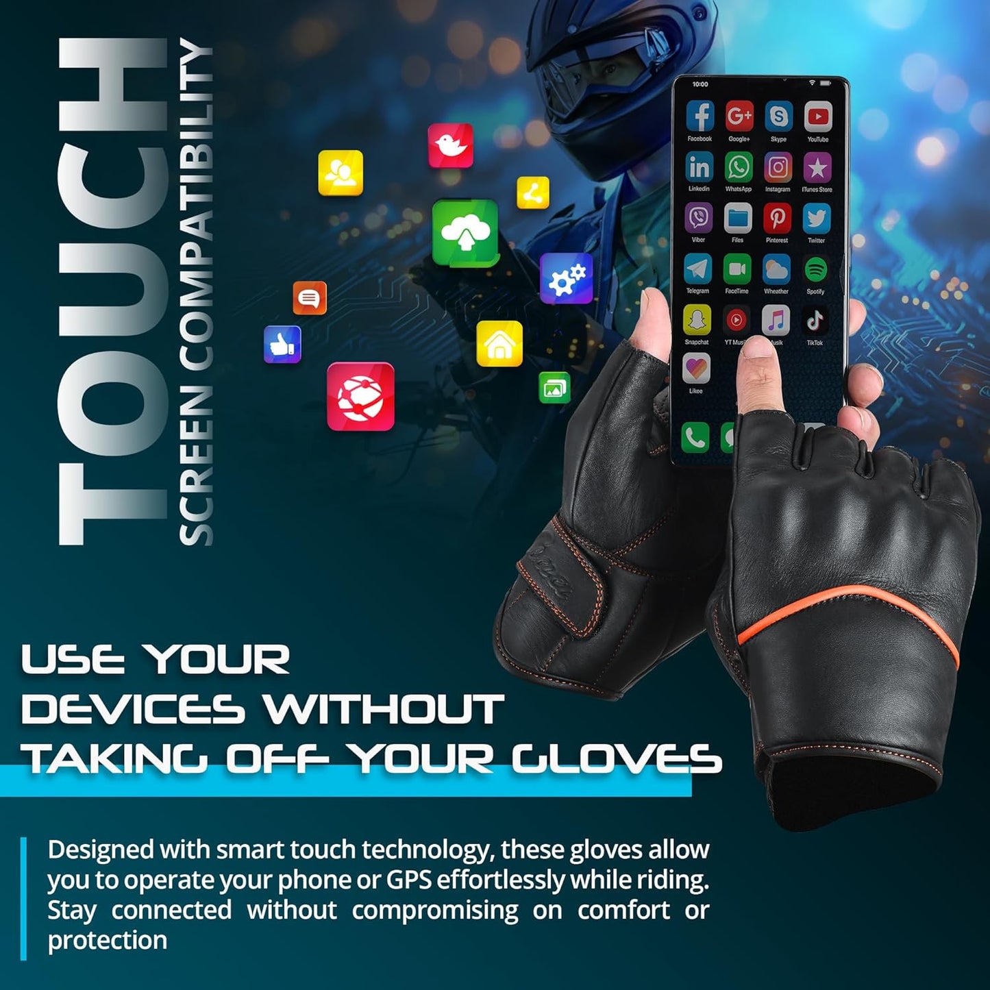 aasportx Motorcycle Gloves - Men's Leather Motorbike Gloves with Touchscreen Function - Non-Slip Pads for Men & Women