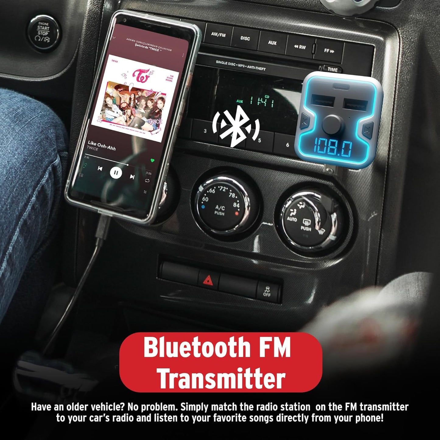 Car and Driver Bluetooth 5.0 FM Transmitter Charger, Dual USB-A and USB-C Lighter Adapter, Triple-Port Design with Fast Charging, Compatible with Mobile Alexa, Siri, and Google Assistant