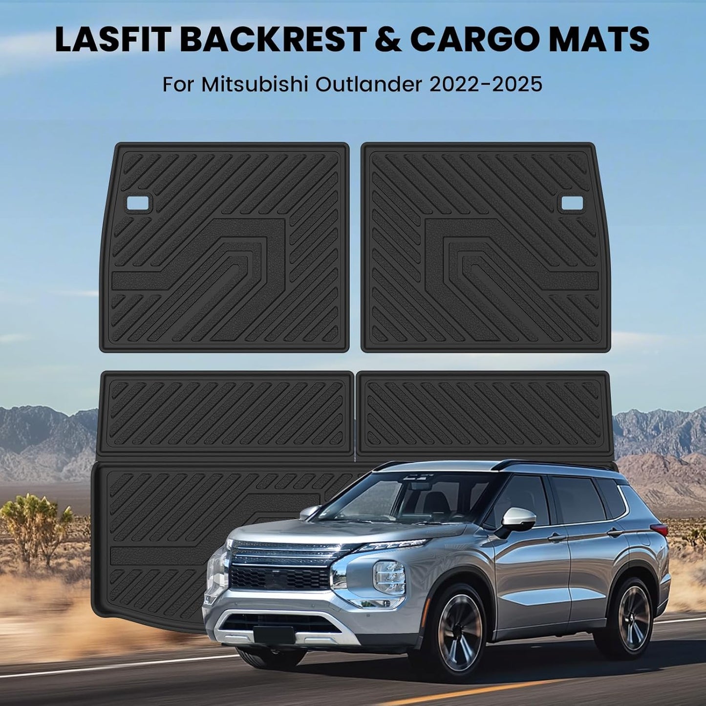 LASFIT Backrest & Cargo Mat for Mitsubishi Outlander 2022-2025 (Not Fit PHEV or Sport Models), Custom Fit All-Weather TPE Rubber Trunk Mat for Mitsubishi Accessories, Waterproof, Easy to Clean, Black